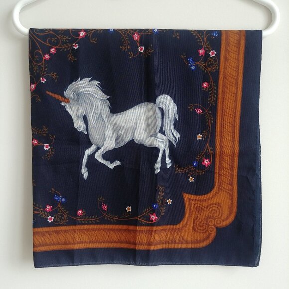 Dark navy blue unicorn floral approx square scarf - Picture 1 of 11